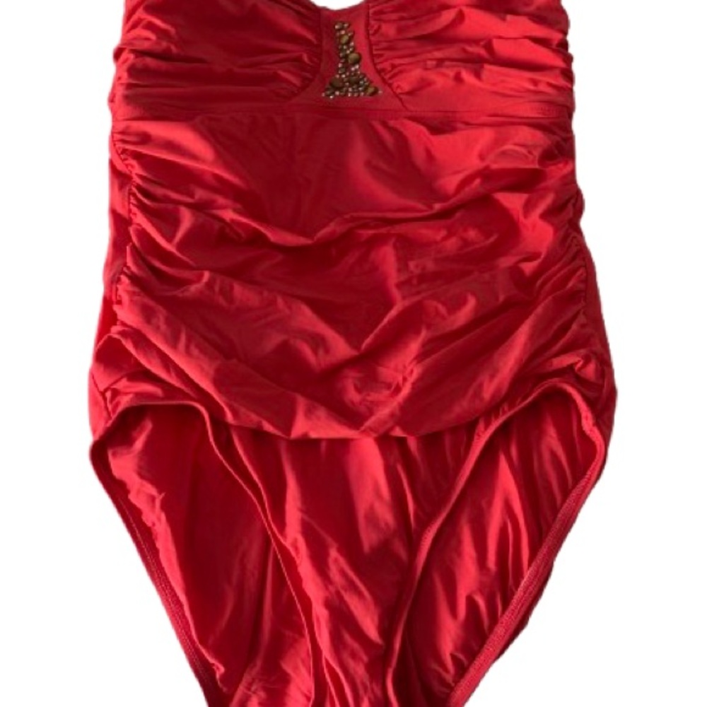 Coral Red Ruched St. John One-Piece Strapless Swimsuit with Beaded Detail